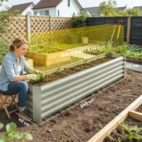 Outsunny Pat pătrat pentru grădină pat ridicat din oțel galvanizat bare de susținere și plăci de colț fund deschis 240x40x45cm gri argintiu | Aosom Romania