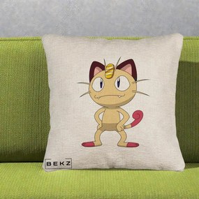 Perna Personalizata Meowth Pokemon, 40x40 cm, Bej Canapea, Husa Detasabila, Perna Inclusa, BEKZ®