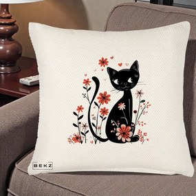 Perna Decorativa Pisica Neagra Flori Roz si Inimi, 40x40 cm, Crem Reliefat, Husa Detasabila, Perna Inclusa, BEKZ®
