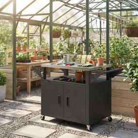 Outsunny Cărucior de bucătărie cu roți, cărucior de servire, cărucior cu dulap, mânere, suprafață din oțel inoxidabil 117 x 55 x 78 cm Negru | Aosom Romania