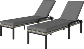 Outsunny Set de 2 șezlonguri Polyrattan, șezlong de grădină cu spătar reglabil în 5 poziții, pernă, până la 120 kg, Gri deschis | Aosom Romania