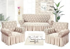 Set huse elastice pentru canapea 3 Locuri si 2 fotolii, cu volanas, model Jacquard Bej