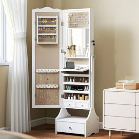 HOMCOM Oglindă pentru bijuterii cu iluminare LED Dulap bijuterii cu oglindă reglabilă pe 4 unghiuri Sertare Etajeră interioară pliabilă Alb | Aosom Romania