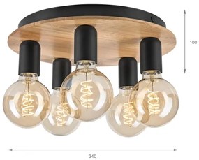 Plafonieră DUSTY 5xE27/15W/230V d. 34 cm stejar/negru