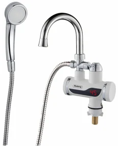 Robinet cu dus incalzire apa instant Rosberg R57100CWS, 3300W, Pana la 60°C, Pipa flexibila, Montare blat, Alb