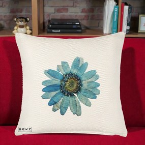 Perna Decorativa Floare Margareta Albastra Acuarela, 40x40 cm, Crem Reliefat, Husa Detasabila, Perna Inclusa, BEKZ®