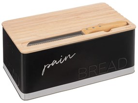Cutie de paine, neagra, cu blat de taiat si cutit zimtat, 32,7 x 20,2 x 14,5 cm