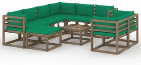 Set mobilier de gradina cu perne verzi, 10 piese Verde, 5x colt + 3x mijloc + suport pentru picioare + masa, 1