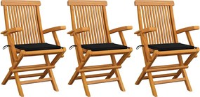 vidaXL Scaune de grădină cu perne negre, 3 buc., lemn masiv de tec