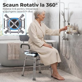 HOMCOM Scaun de Duș Rotativ cu Înălțime Reglabilă, Brațe și Spătar, Capacitate 150 kg, Gri | Aosom Romania