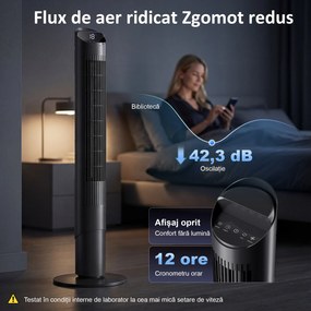HOMCOM Ventilator de Coloană 116 cm, ventilator WiFi cu aplicație de control, dormitor, culoare neagră | Aosom Romania