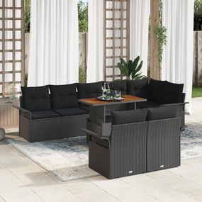 vidaXL Set de grădină cu 9 piese, perne incluse, din rattan poli negru și acacia