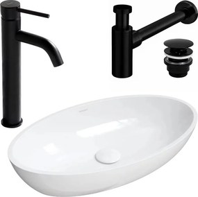 Pachet lavoar pe blat Omnires Siena M+ alb 60 cm, baterie lavoar Rea Lungo negru si ventil lavoar Click-Clack negru