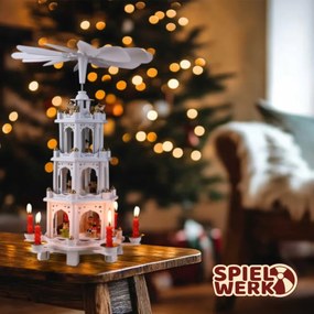 Piramidă de Crăciun MERRY, 60x20x20cm, albă Spielwerk
