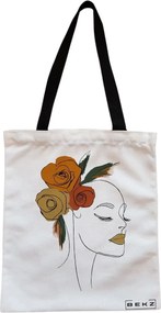 Sacosa de Panza pentru Cumparaturi, Geanta Tote, Flower Lady 15, Cu fermoar, 38x34.5 cm, Alba, BEKZ®