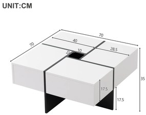 Elegantă măsuță de cafea lucioasă cu 4 sertare, compartiment de depozitare integrat, 70×70×35 cm, Alb+Negru