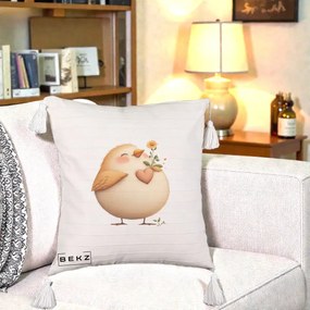 Perna Decorativa Pui cu Inima si Floarea-Soarelui, 40x40 cm, Bej cu Franjuri, Husa Detasabila, Perna Inclusa, BEKZ®