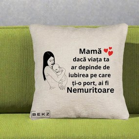 Cadou pentru Mama - Perna Personalizata Mama Nemuritoare Linie, 40x40 cm, Bej Canapea, Husa Detasabila, Perna Inclusa, BEKZ®