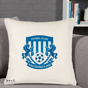 Perna Personalizata FC Politehnica Iasi Fotbal, 40x40 cm, Crem Reliefat, Husa Detasabila, Perna Inclusa, BEKZ®