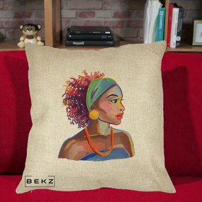 Perna Decorativa Portret Femeie Urbana Acuarela, 40x40 cm, Crem, Husa Detasabila, Perna Inclusa, BEKZ®
