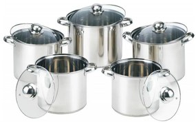 Set Vase Gătit din Inox, 10 Piese, Capacități 11 - 4.3 Litri, Bază 3 Straturi (Inducție), Capace din Sticlă Termorezistentă