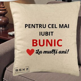 Cadou pentru Bunic - Perna Personalizata Pentru Cel Mai Iubit Bunic La Multi Ani Rosu, 40x40 cm, Bej, Husa Detasabila, Perna Inclusa, BEKZ®