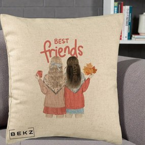 Cadou pentru Prieteni - Perna Personalizata Best Friends Toamna, 40x40 cm, Bej, Husa Detasabila, Perna Inclusa, BEKZ®