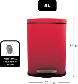 Coș de gunoi roșu cu pedală din oțel 5 l Akira – Spirella
