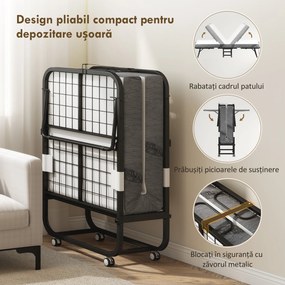 HOMCOM Pat Pliabil Single 90x200 cm cu Saltea de 10 cm Grosime, Cadru din Metal și Roți cu Frână, Negru | Aosom Romania