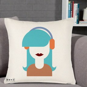 Perna Decorativa Fata cu Casti Muzica Grafic, 40x40 cm, Crem Reliefat, Husa Detasabila, Perna Inclusa, BEKZ®