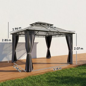 Outsunny Pavilion de grădină ca. 3,6x3m Pavilion din aluminiu cu dublu acoperiș din policarbonat de 6 mm, plasă de țânțari, 4 părți laterale, gri închis | Aosom Romania