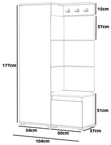 CUI510 - Cuier 104x37x177 cm - 3 agatatori haine, hol, pantofar - Alb, tapiterie Turcoaz/Gri/Albastru