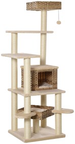 PawHut Săculeț de zgâriat din ratan cu căsuță pentru pisici Săculeț de pisici cu mai multe etaje Kletterbaum pentru pisici E1 MDF Sisal Bej+Maro 55 x 55 x 174 cm | Aosom Romania