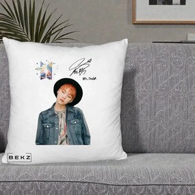 Perna Personalizata K-pop BTS Suga par Portocaliu Palarie Autograf, 40x40 cm, Alb Pufos, Husa Detasabila, Perna Inclusa, BEKZ®