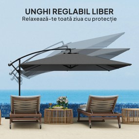 Outsunny Umbrelă Laterală cu Acoperiș Reglabil, Bază în Cruce, Orificii de Ventilație și Manivelă, 355x390x250 cm, Gri | Aosom Romania