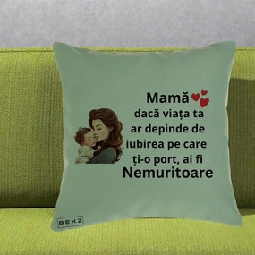 Cadou pentru Mama - Perna Personalizata Mama Nemuritoare cu Bebelus Lineart, 40x40 cm, Verde, Husa Detasabila, Perna Inclusa, BEKZ®