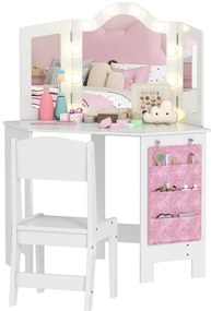 AIYAPLAY Masă de toaletă pentru copii 2 în 1 cu scaun oglindă triptică și lumini LED bicolore  93,6 x 48,5 x 111,5 cm alb | Aosom Romania