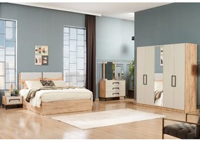 Set Dormitor ALYANS, 6 piese, pat cu somiera rabatabila 160x200 cm, dulap 5 usi, comoda, oglinda, 2 noptiere