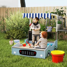 AIYAPLAY Ladă de nisip cu copertină, design magazin alimentar, bancă, tablă de scris, lemn de brad, 104H x 108L x 90B cm, Albastru | Aosom Romania