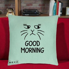 Perna Decorativa Pisica Morocanoasa Good Morning, 40x40 cm, Verde Menta, Husa Detasabila, Perna Inclusa, BEKZ®