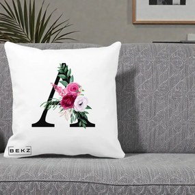 Cadou Personalizat - Perna Personalizata Monograma Florala Litera A, 40x40 cm, Alba Mata, Husa Detasabila, Perna Inclusa, BEKZ®