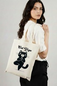 Sacosa de Panza pentru Cumparaturi, Geanta Tote Yoga Cat, 38x34.5 cm, Alba, BEKZ®