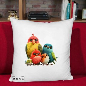 Perna Decorativa Familie de Pasarele Colorate, 40x40 cm, Alb Pufos, Husa Detasabila, Perna Inclusa, BEKZ®