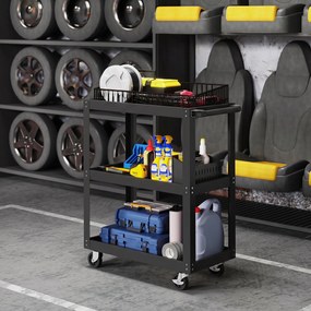 HOMCOM Cărucior pentru Scule cu 3 Rafturi cu Margini Înalte, 70,5x35x82,5 cm, Negru | Aosom Romania