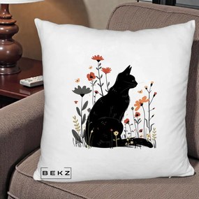 Perna Decorativa Pisica Neagra Profil Flori Portocalii, 40x40 cm, Alb Pufos, Husa Detasabila, Perna Inclusa, BEKZ®
