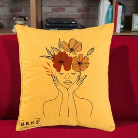 Perna Decorativa Portret Feminin Coroana Trei Flori, 40x40 cm, Galben, Husa Detasabila, Perna Inclusa, BEKZ®