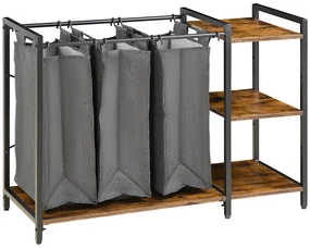 HOMCOM Coș de Rufe Stil Industrial cu 3 Saci de Tesaturi și 3 Rafturi, Cadru din Lemn și Oțel, 106x40x75 cm | Aosom Romania