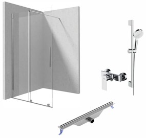 Set paravan dus walk-in cu usa glisanta, 100x195 cm, rigola 700 mm cu iesire laterala, para, para dus, furtun Hansgrohe si baterie dus