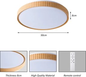 Plafonieră LED Brilagi CORVO, dimmabilă, 72W/230V, 3000-6000K, finisaj decor lemn, Ø50 cm, cu telecomandă inclusă