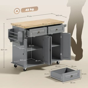 HOMCOM Căruț de Bucătărie cu 2 Sertare și 2 Dulapuri, Insulă de Bucătărie cu Blat din Lemn, 111x44,5x82,5 cm, Gri | Aosom Romania